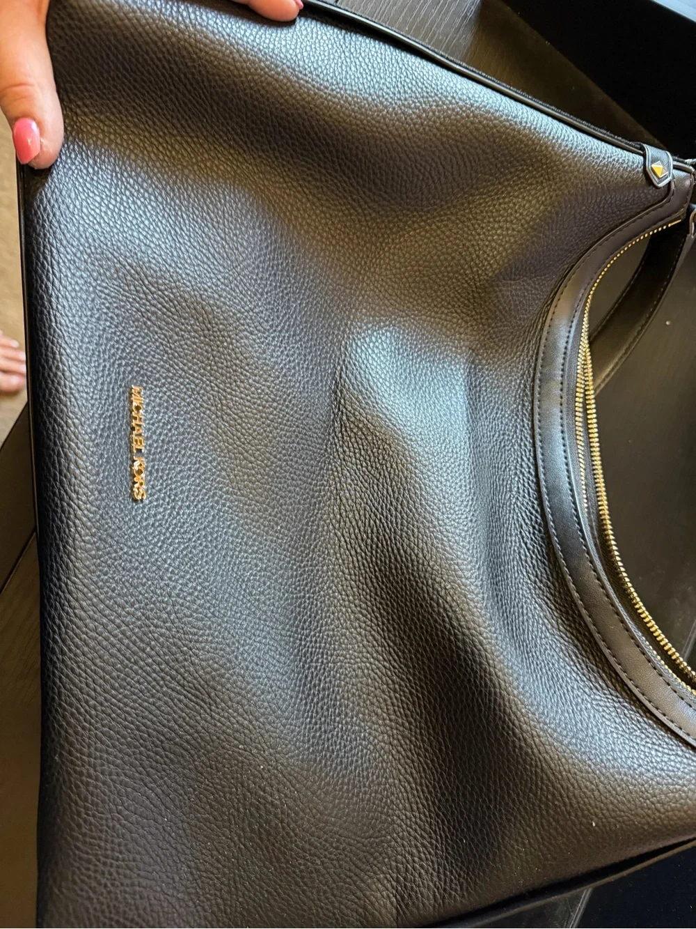 Michael Kors Black Pebbled Leather Messenger Bag with Gold Hardware